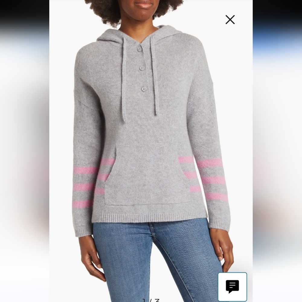 360 Cashmere Myrtle Hoodie - Heather Grey and Pink Stripe Hooded Sweater  - M